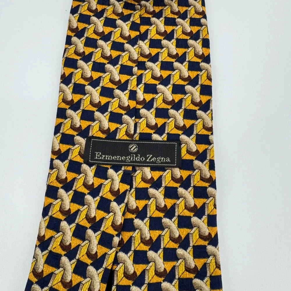 Ermenegildo Zegna Silk Tie – Gold & Blue Geometric Pattern, Made‎ in Italy